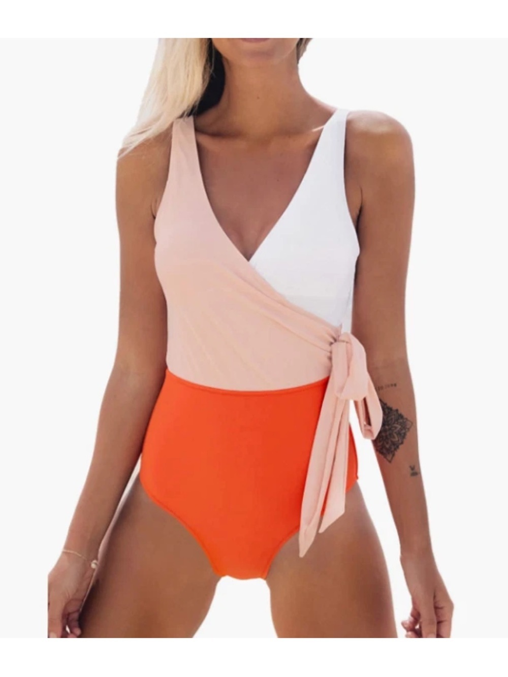 Cupshe Colorblock Wrap One-Piece Swimsuit in White, Blush & Orange